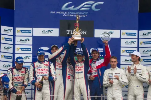 The overall winners: Anthony Davidson, Nicolas Lapierre and Sebastien Buemi