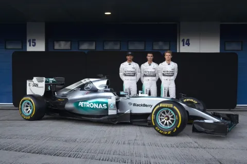 Mercedes F1 W06 with Lewis Hamilton, test driver Nico Rosberg and Pascal Wehrlein
