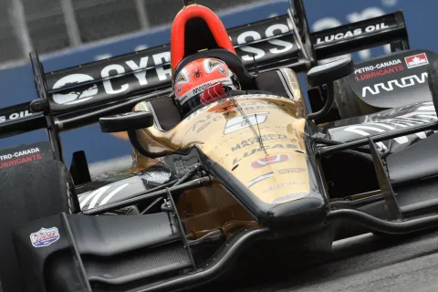James Hinchcliffe drives onto the podium in his home race