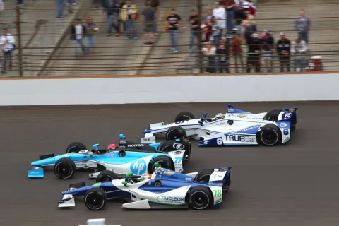 "Three wide". The start of the Indy 500