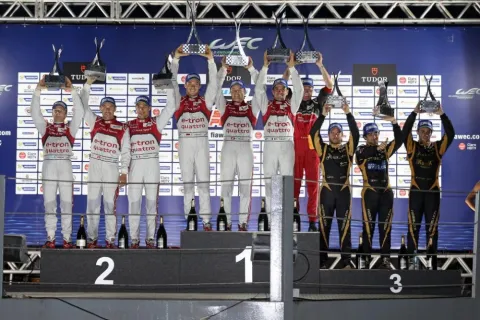 The podium of the LMP1 class: Victory for Lotterer, Fassler, Treluyer
