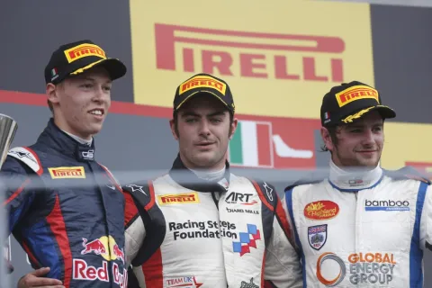 The podium on Sunday: Victory for Jack Harvey ahead of Kvyat and Williamson