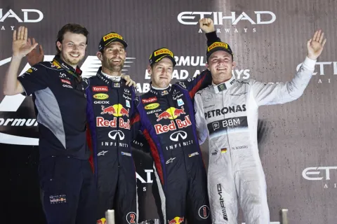The podium of the Abu Dhabi GP: Vettel ahead of Webber and Rosberg